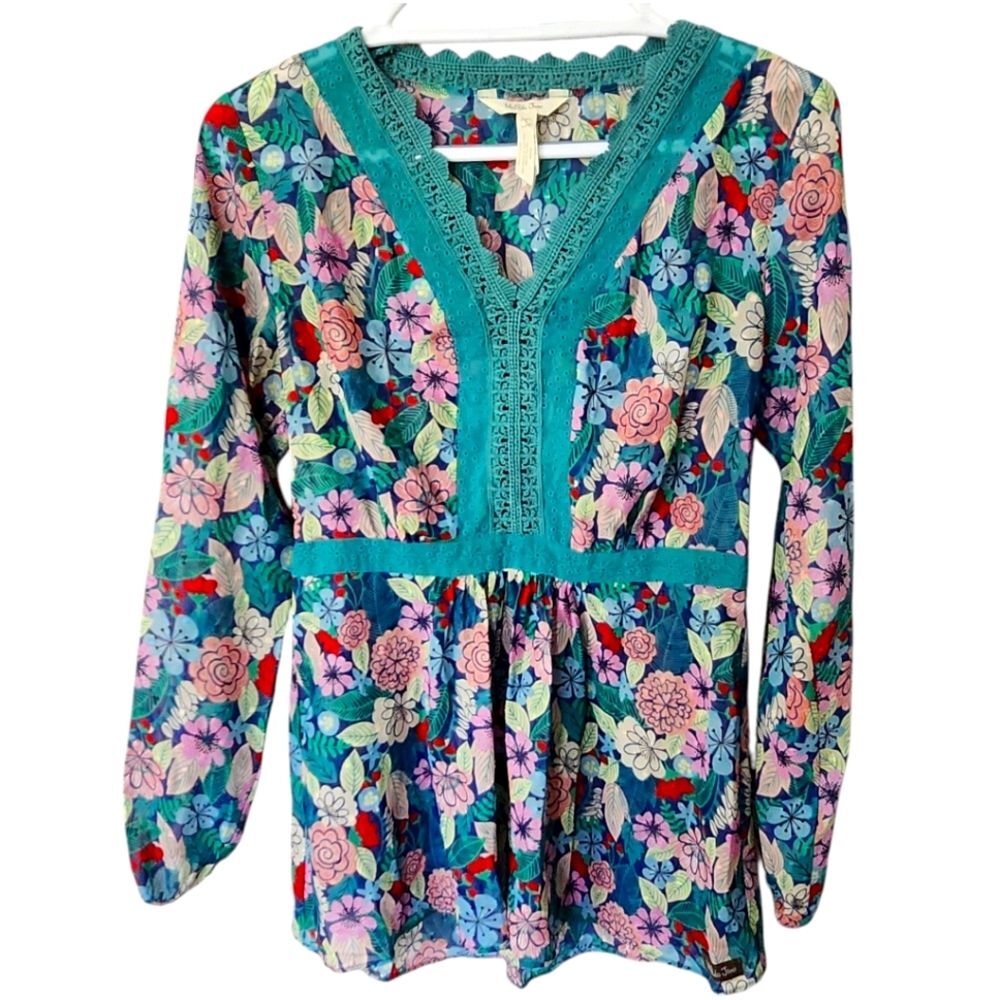 Matilda Jane Teal Floral V-Neck Sheer Kookaburra Top. Sz. S